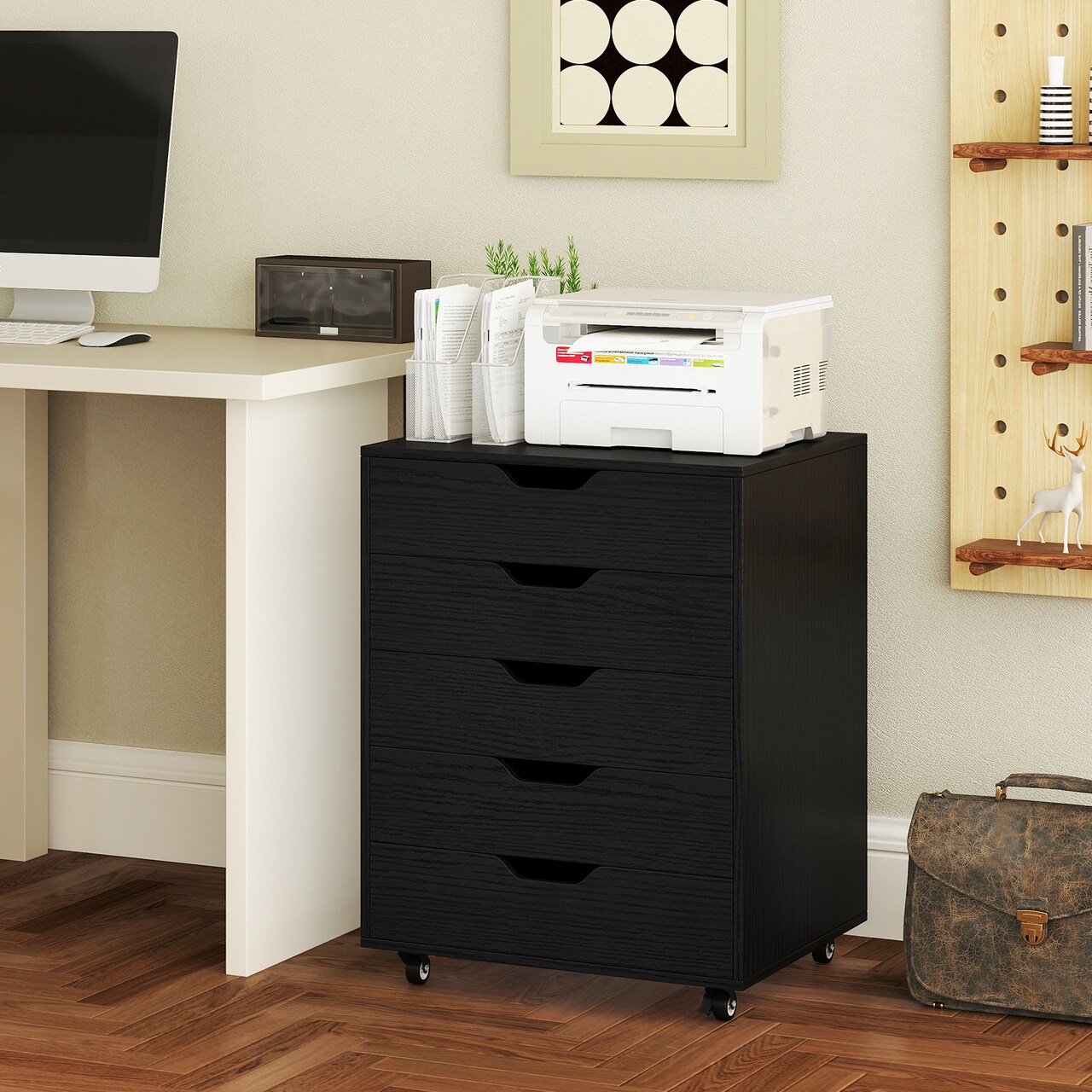 5-Drawer Rolling Storage Cabinet with Lockable Wheels and Cut-Out Handles for Home or Office